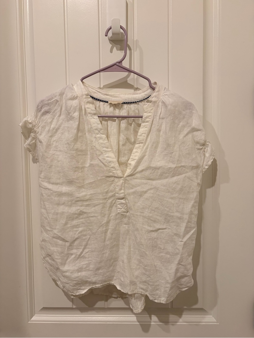 Pilcro White Linen Split-Neck Short Sleeve Blouse